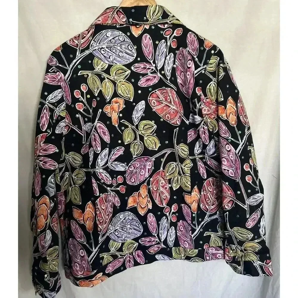 Vintage Sequin 90s Jacket Floral Black Denim Stretch Cotton REDD Jeans Size 12